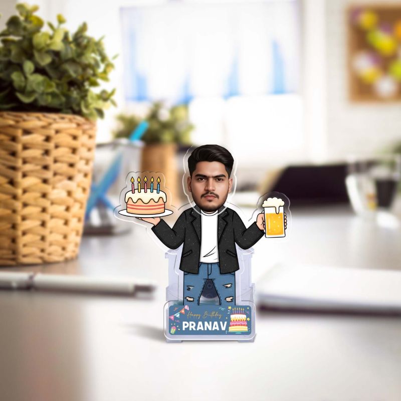 Personalized Birthday Boy Caricature with Shaking Head Feature, Customized Funny Face Photo Cutout with Cake and Beer Design, Birthday Gift for Brother, Friends, Husband Solar Powered
